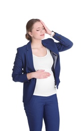 Photo of Young pregnant woman suffering from pain on white background. Working while expecting baby