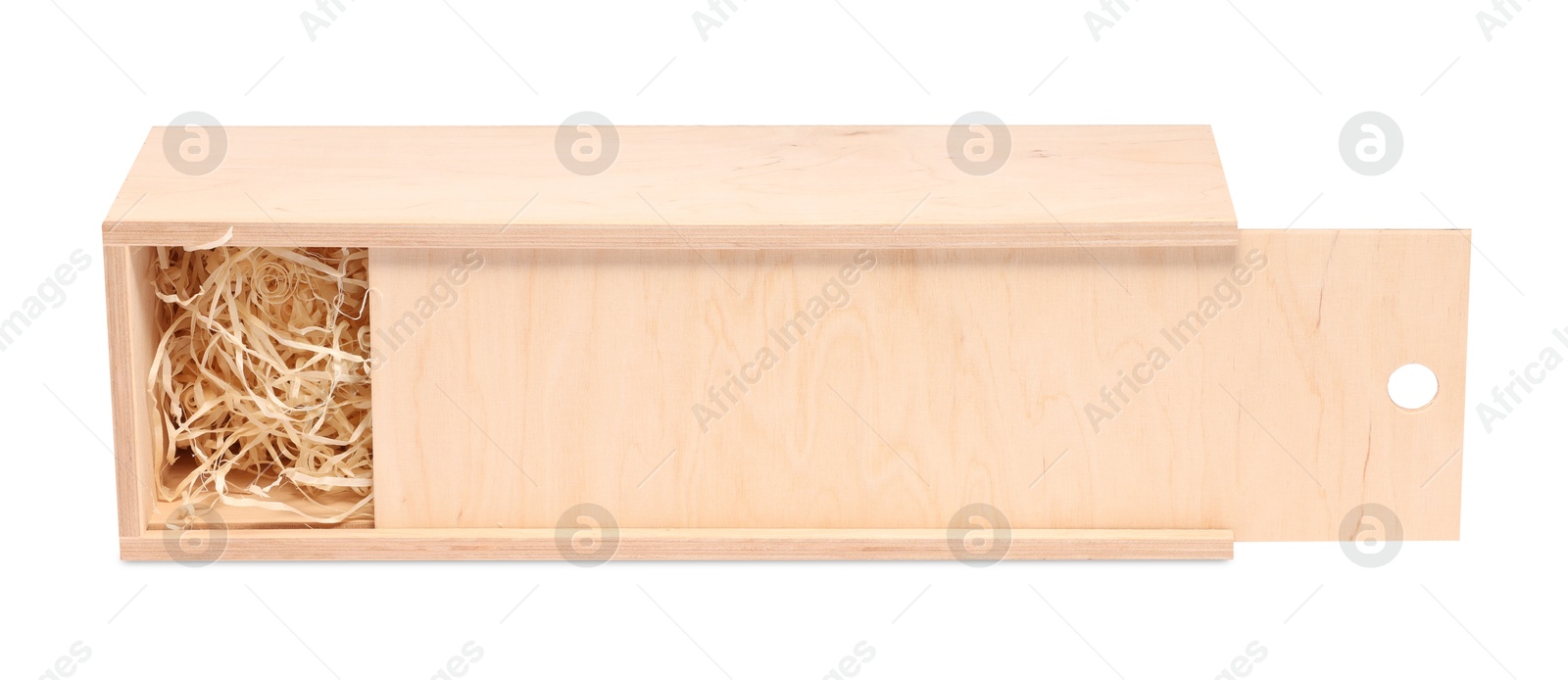 Photo of Wooden gift box for wine isolated on white