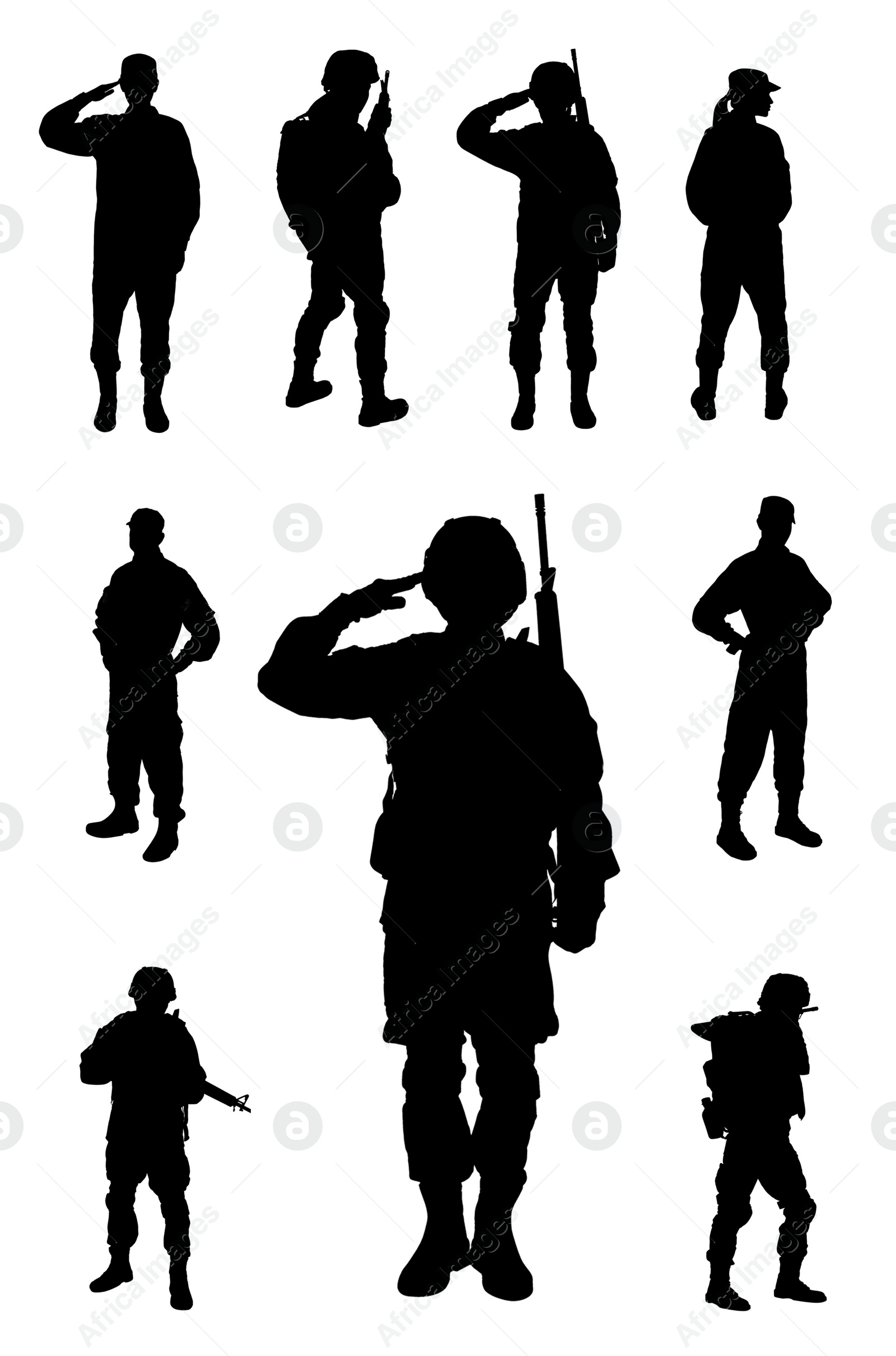 Image of Collage with silhouettes of soldiers on white background. Military service