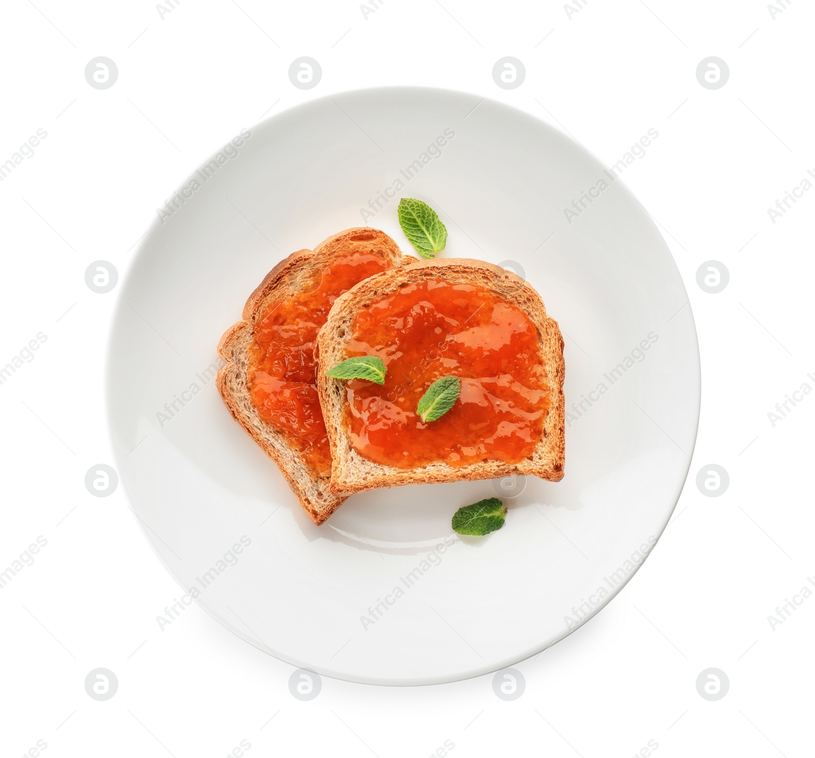 Photo of Toasts with jam on plate, isolated on white