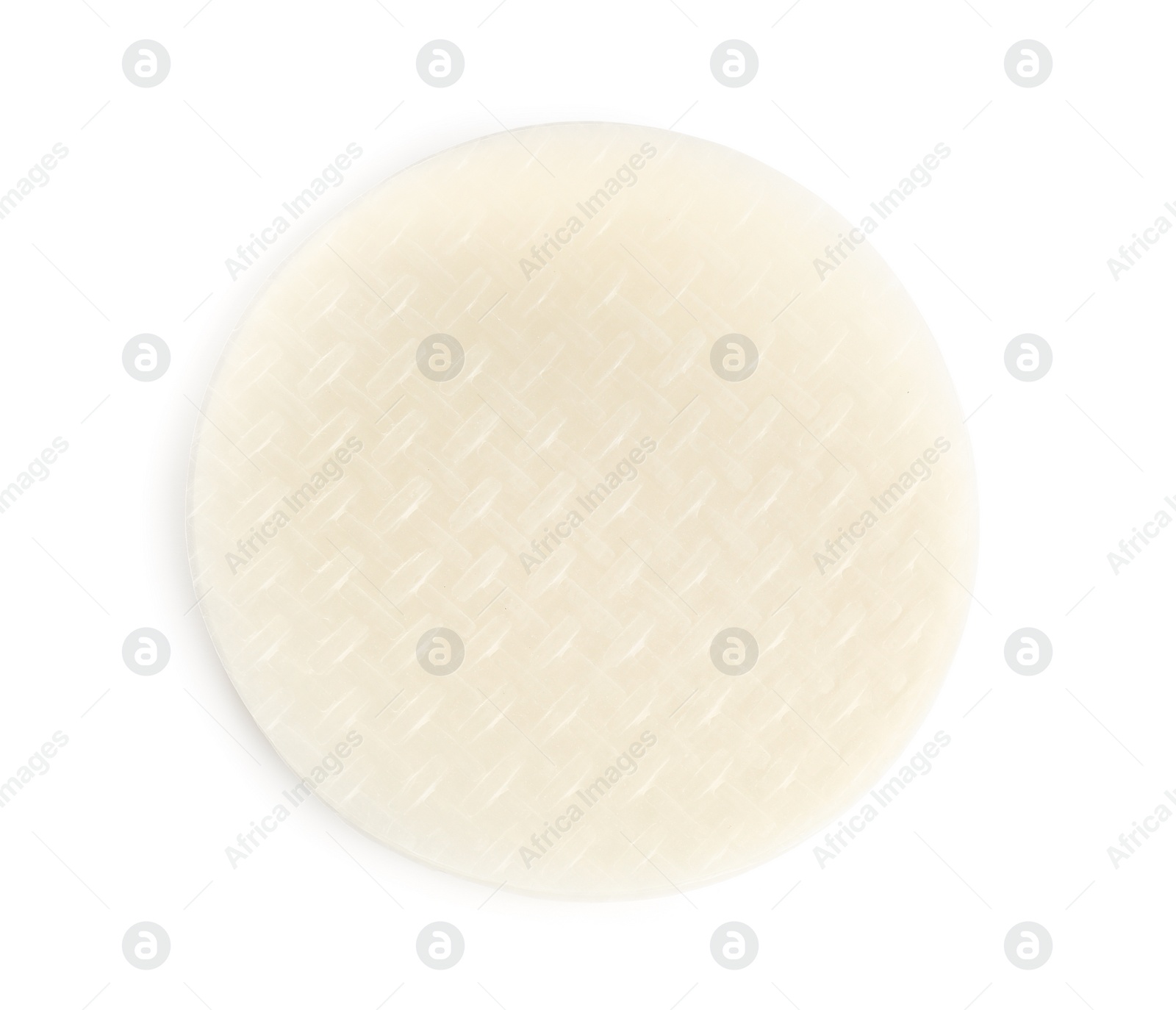 Photo of Stack of dry rice paper isolated on white, top view