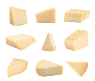 Image of Set with pieces of delicious parmesan cheese on white background 