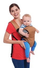 Woman with her son in baby carrier on white background