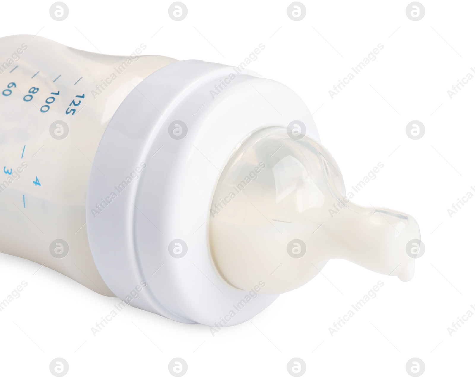 Photo of Feeding bottle with milk on white background