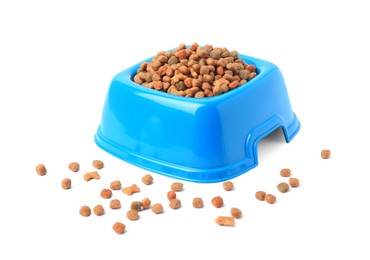 Photo of Dry pet food in feeding bowl isolated on white