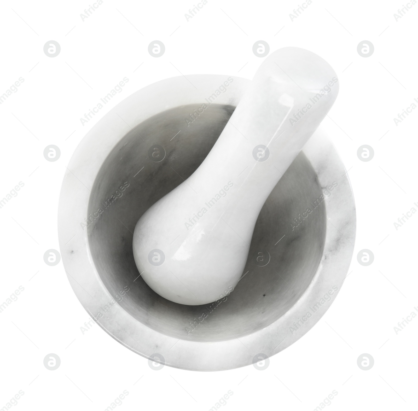 Photo of Modern marble mortar and pestle isolated on white, top view. Cooking utensils
