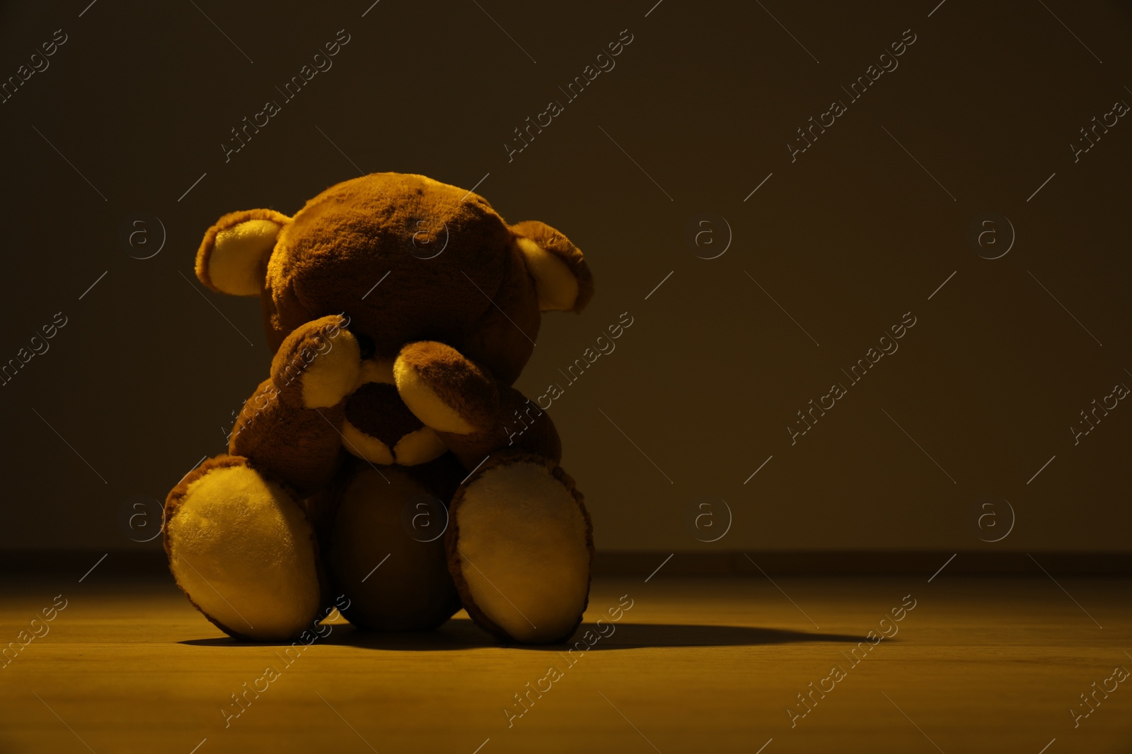 Photo of Cute lonely teddy bear on floor in dark room. Space for text
