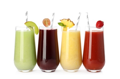 Photo of Delicious juices in glasses on white background