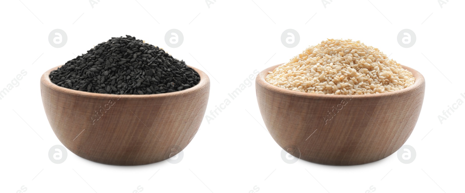 Image of Set with different sesame seeds on white background. Banner design