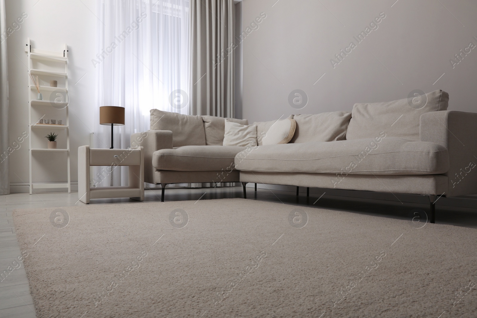 Photo of Stylish interior of living room with comfortable sofa and soft carpet