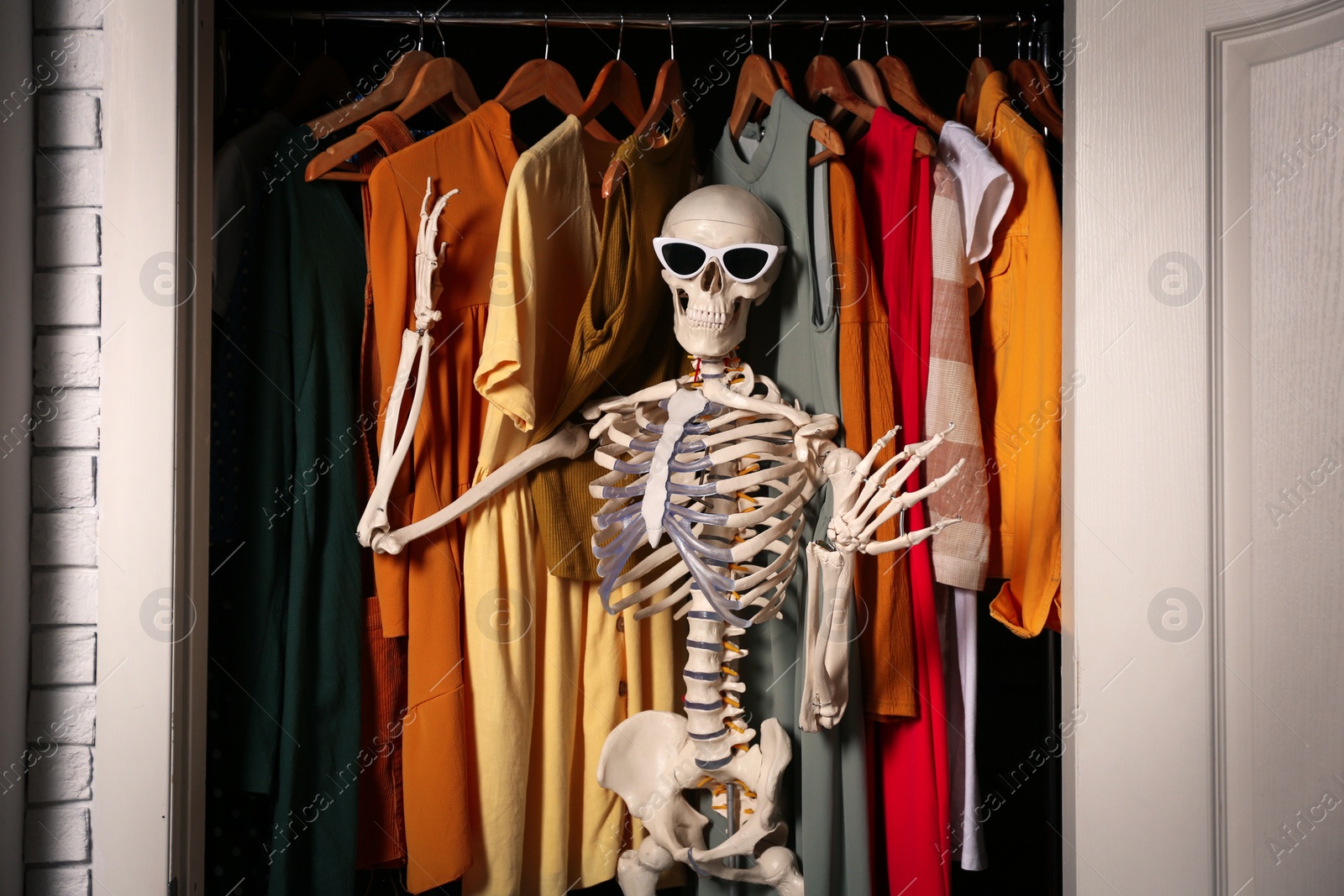 Photo of Artificial human skeleton model among clothes in wardrobe