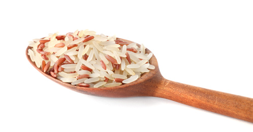 Photo of Mix of brown and polished rice in spoon isolated on white