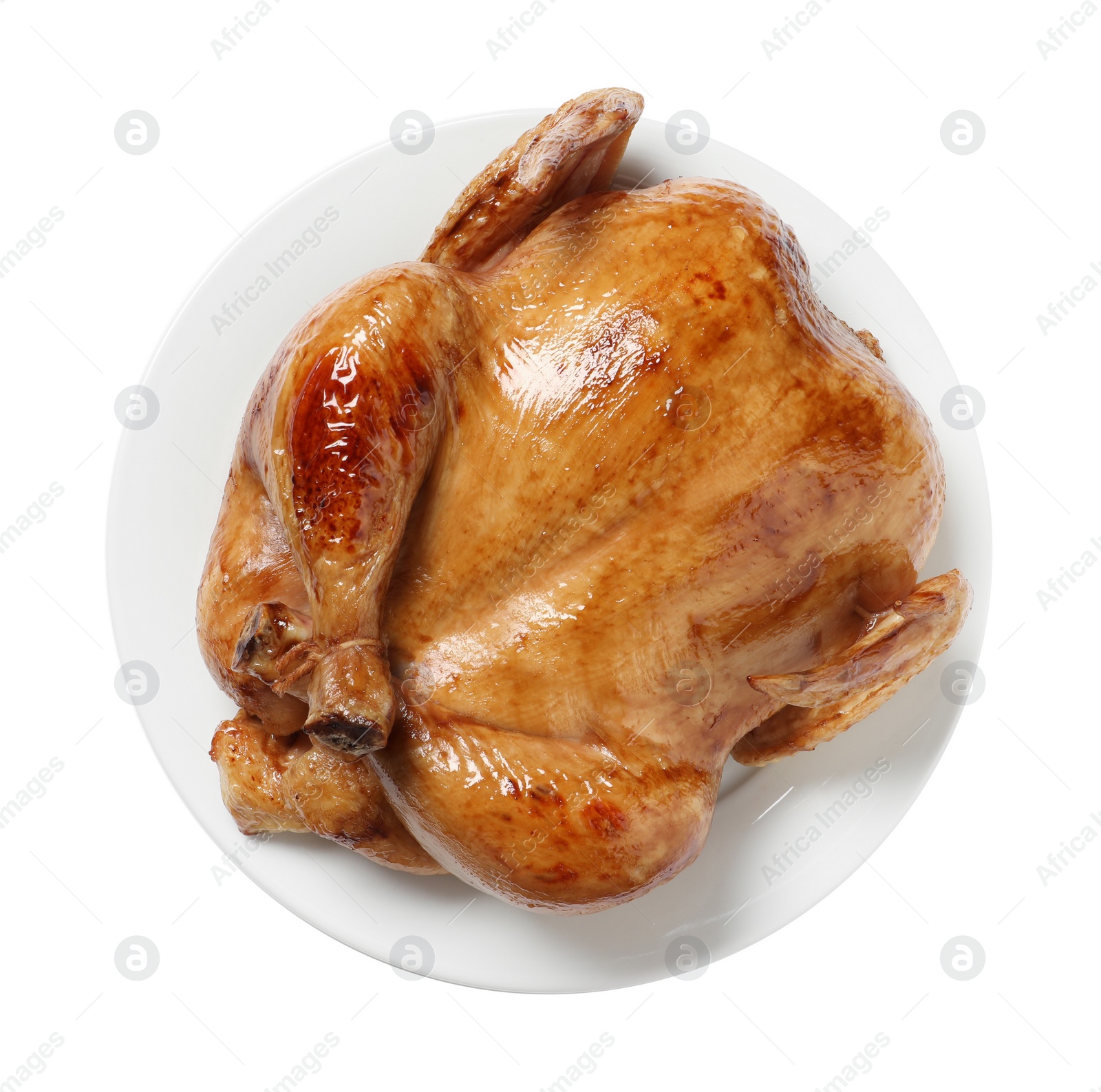 Photo of One tasty roasted chicken isolated on white, top view