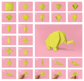 Image of Origami art. Making yellow paper elephant step by step, photo collage on pink background