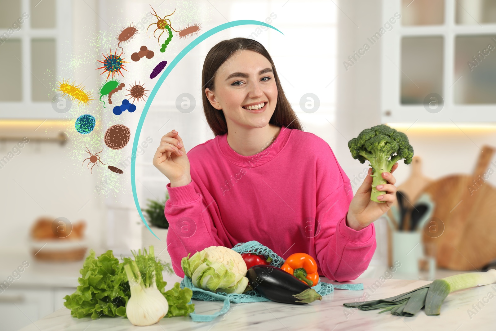 Image of Happy woman with different food products in kitchen. Healthy diet - strong immunity