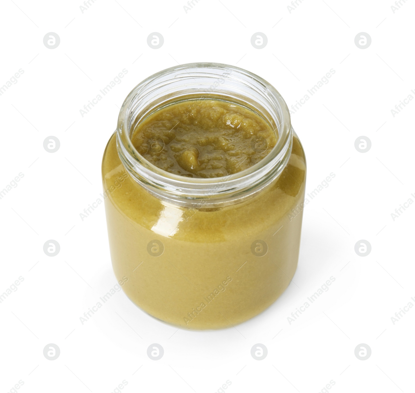 Photo of Baby food. Tasty healthy puree in jar isolated on white