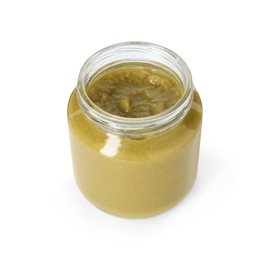 Baby food. Tasty healthy puree in jar isolated on white