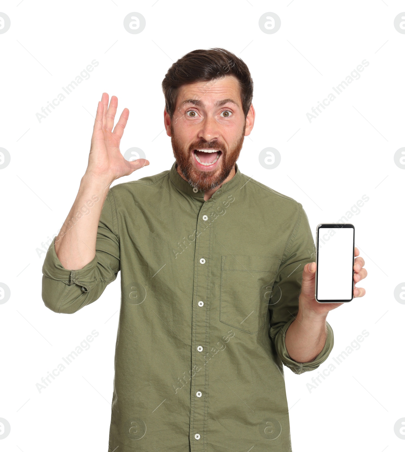 Photo of Emotional man with phone on white background