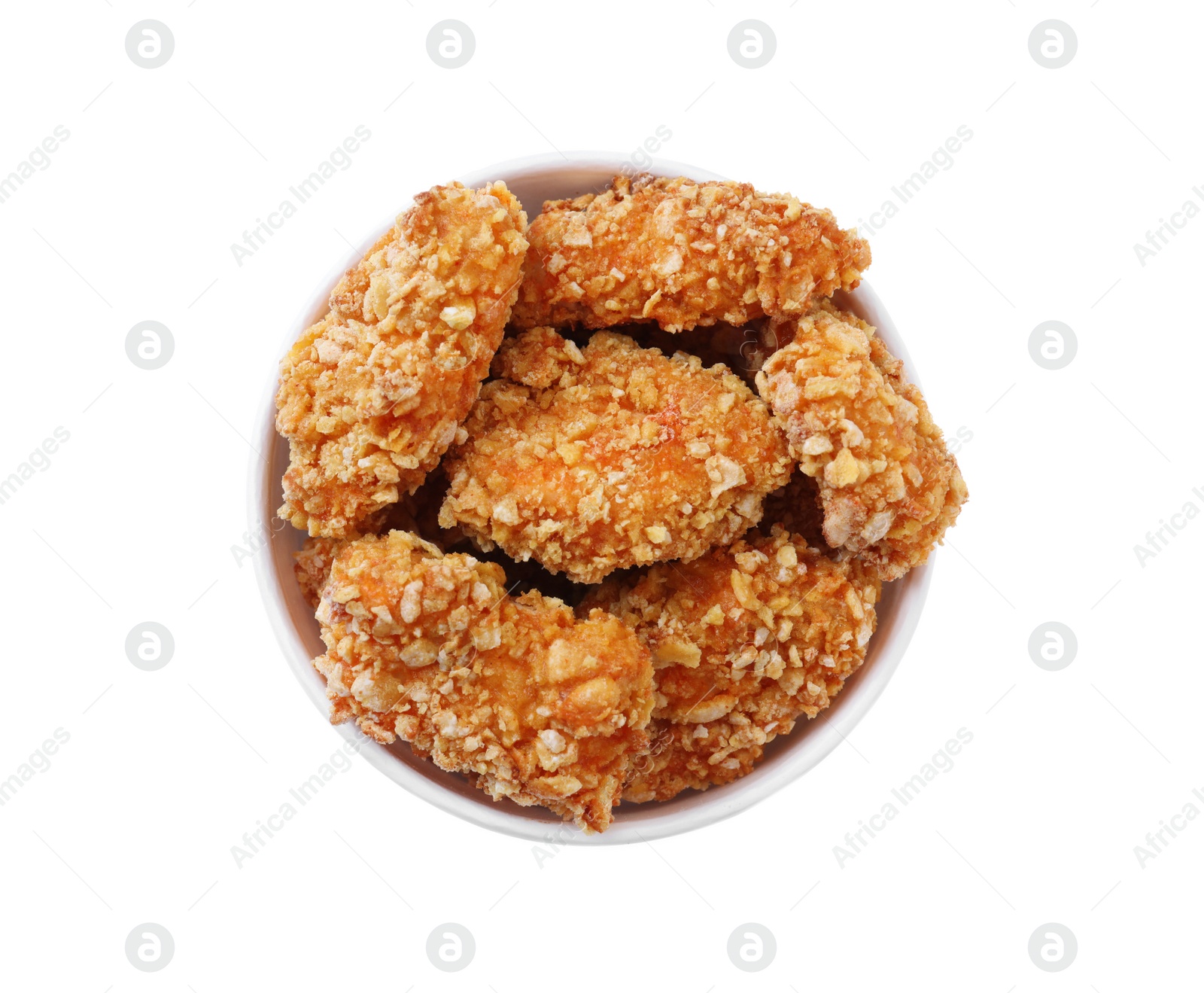 Photo of Bucket with yummy fried nuggets isolated on white, top view