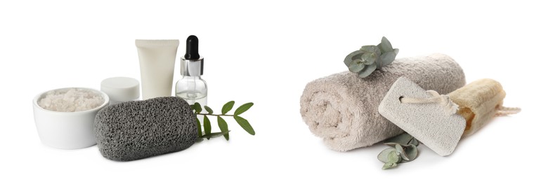 Pumice stones and cosmetic products on white background, collage. Banner design