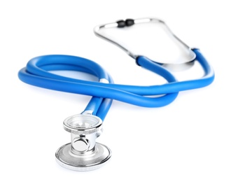 Photo of Stethoscope on white background. Professional medical device