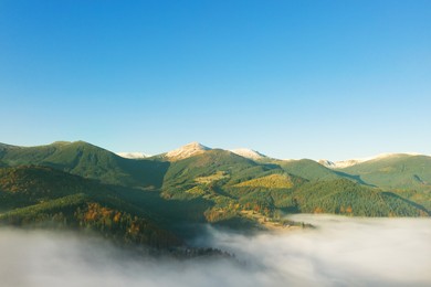 Beautiful landscape with thick mist in mountains. Drone photography