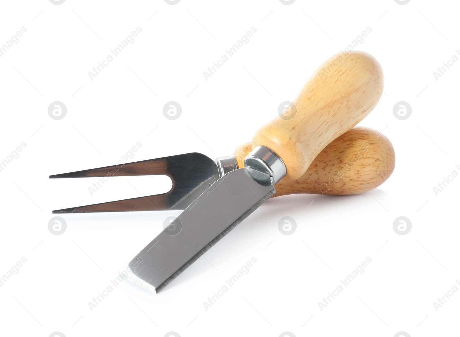 Photo of Plane knife and cheese fork on white background