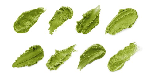 Set with spicy wasabi paste on white background, top view