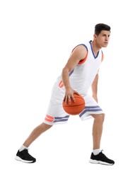 Professional sportsman playing basketball on white background