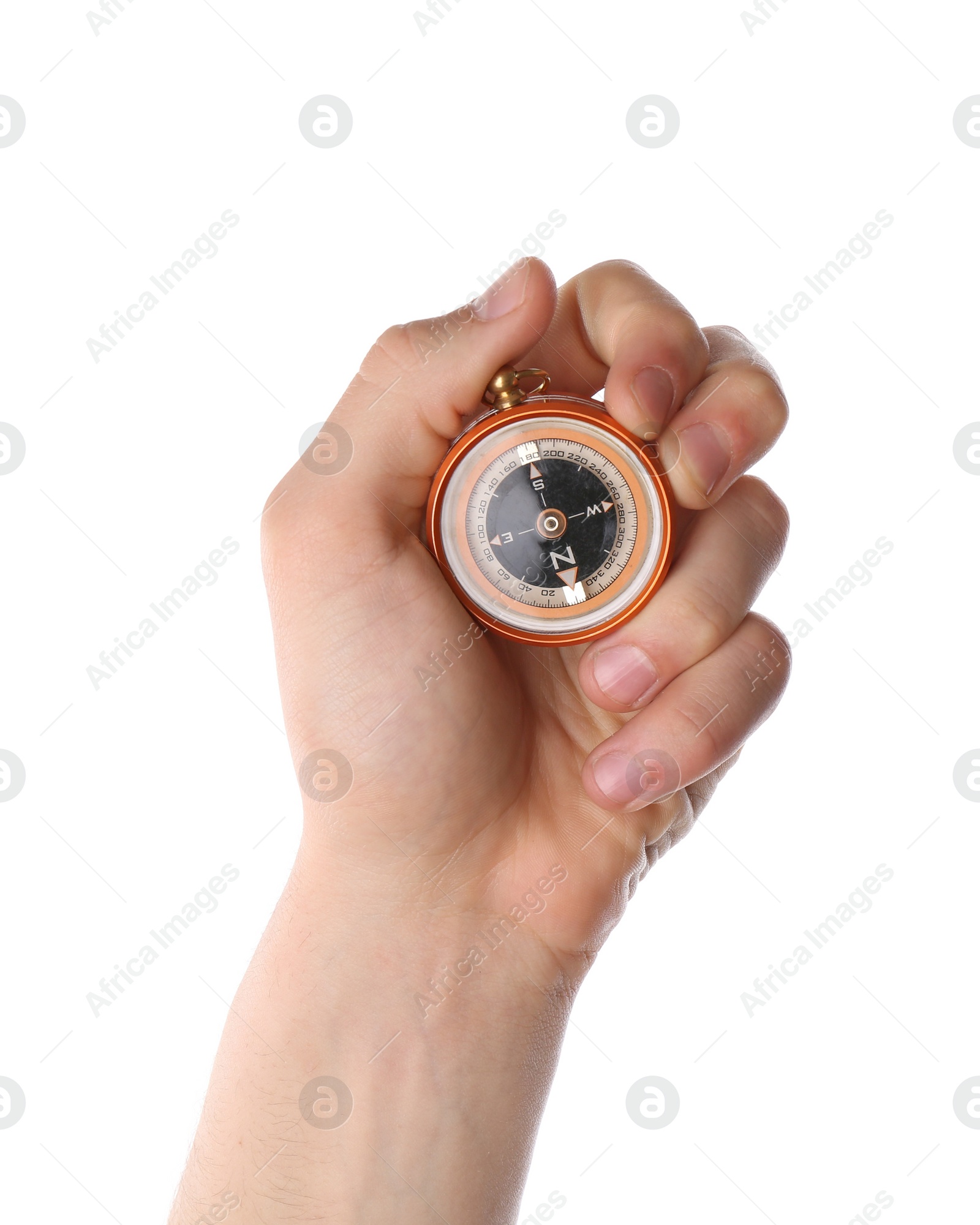 Photo of Man holding compass on white background, closeup