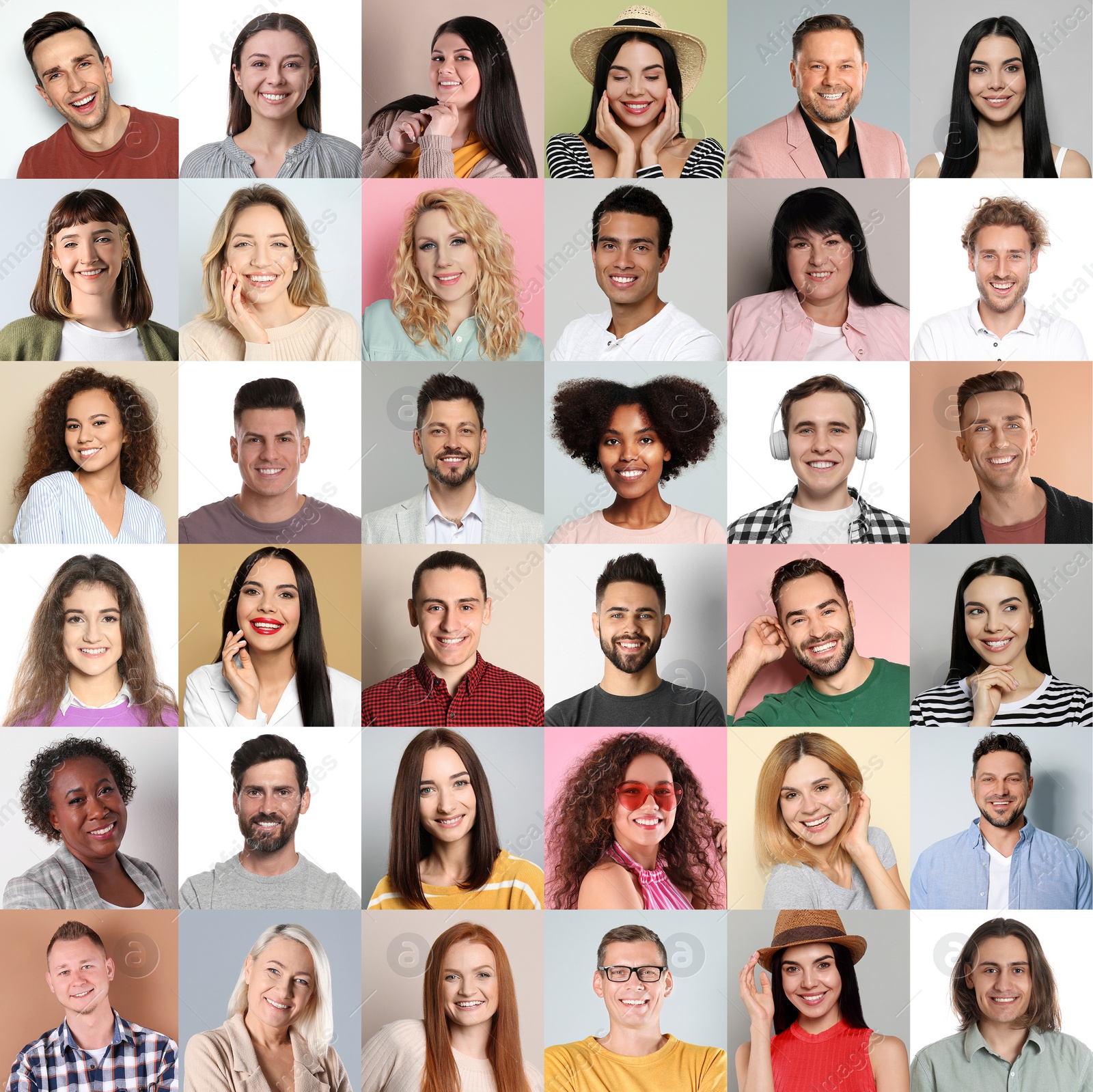 Image of Collage with portraits of happy people on different color backgrounds