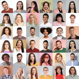 Image of Collage with portraitshappy people on different color backgrounds