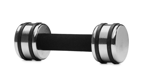 Photo of Metal dumbbell isolated on white. Sports equipment