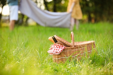 Photo of Wicker picnic basket with bottle of wine and bread on green grass