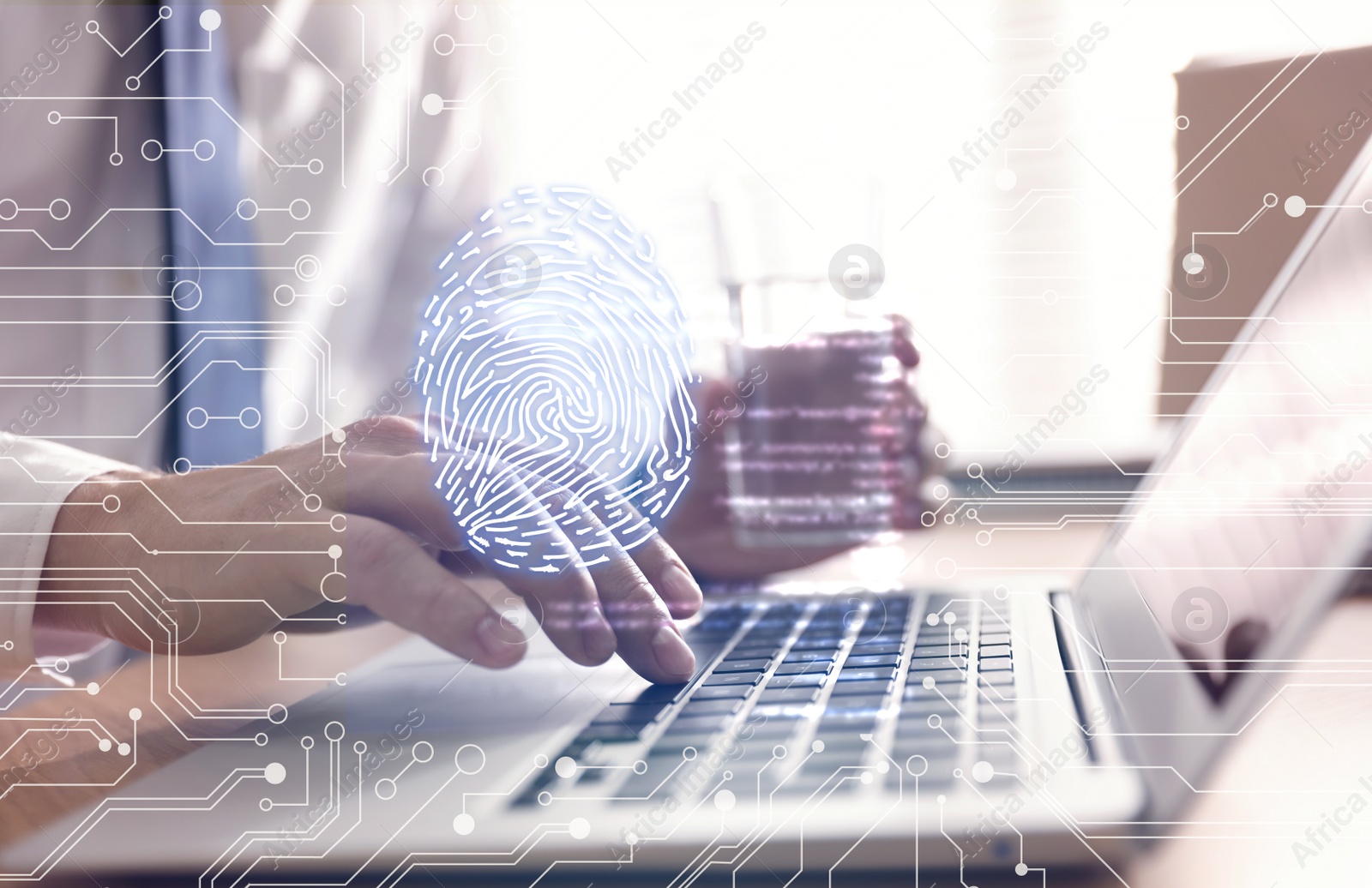 Image of Fingerprint identification. Man working with laptop at table, closeup