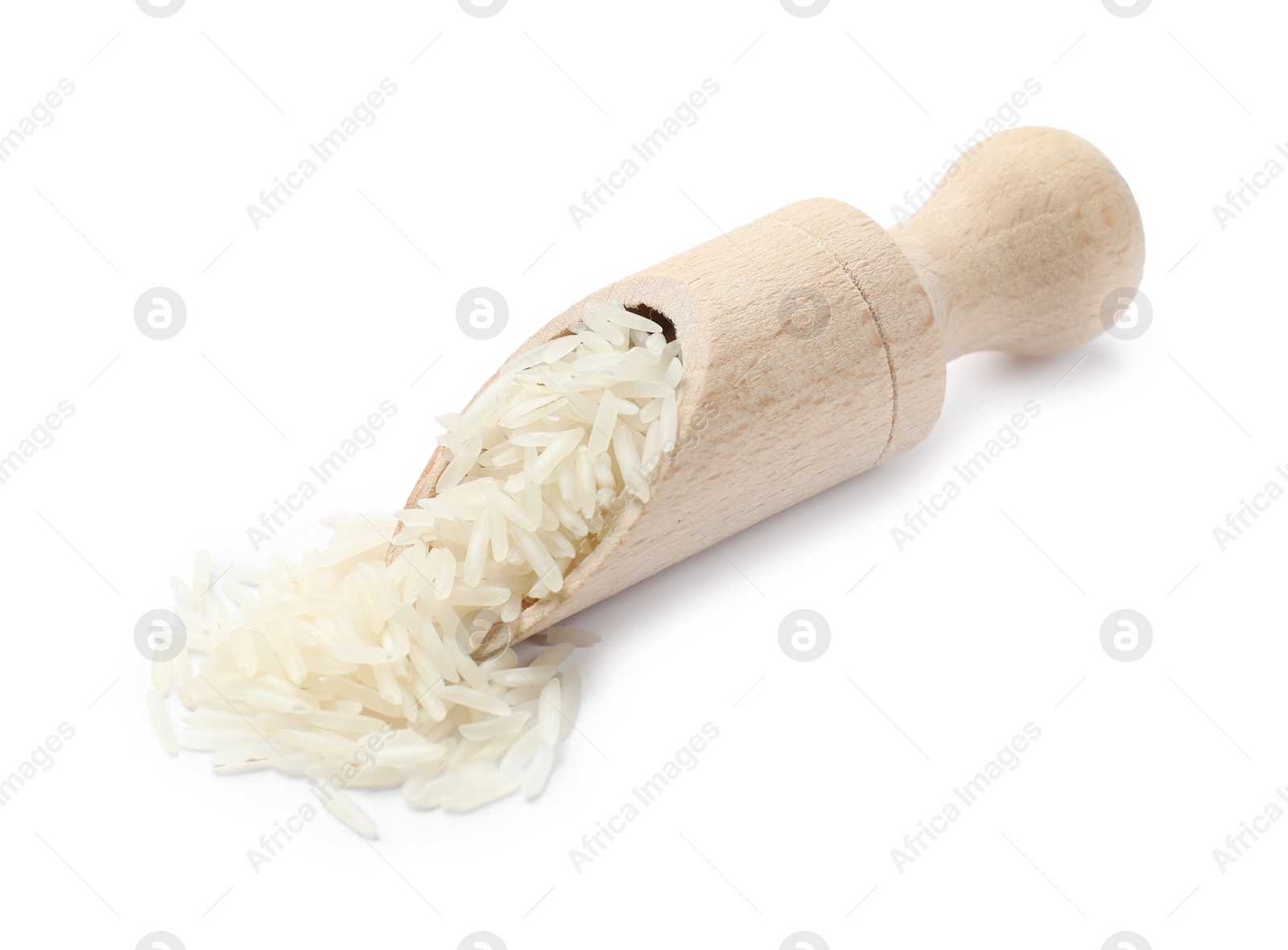 Photo of Raw basmati rice and scoop isolated on white