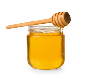 Photo of Tasty honey in glass jar and dipper isolated on white