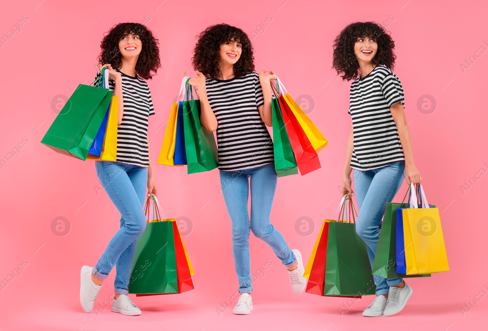 Image of Happy woman with shopping bags on pink background, set with photos