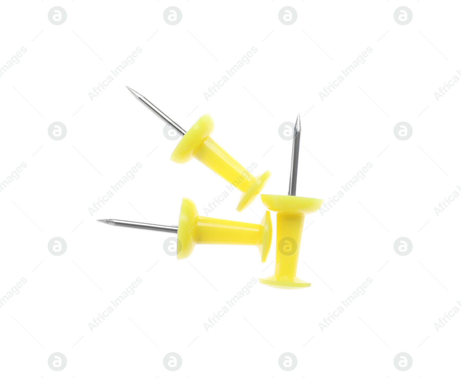 Photo of Colorful drawing pins isolated on white, top view. School stationery