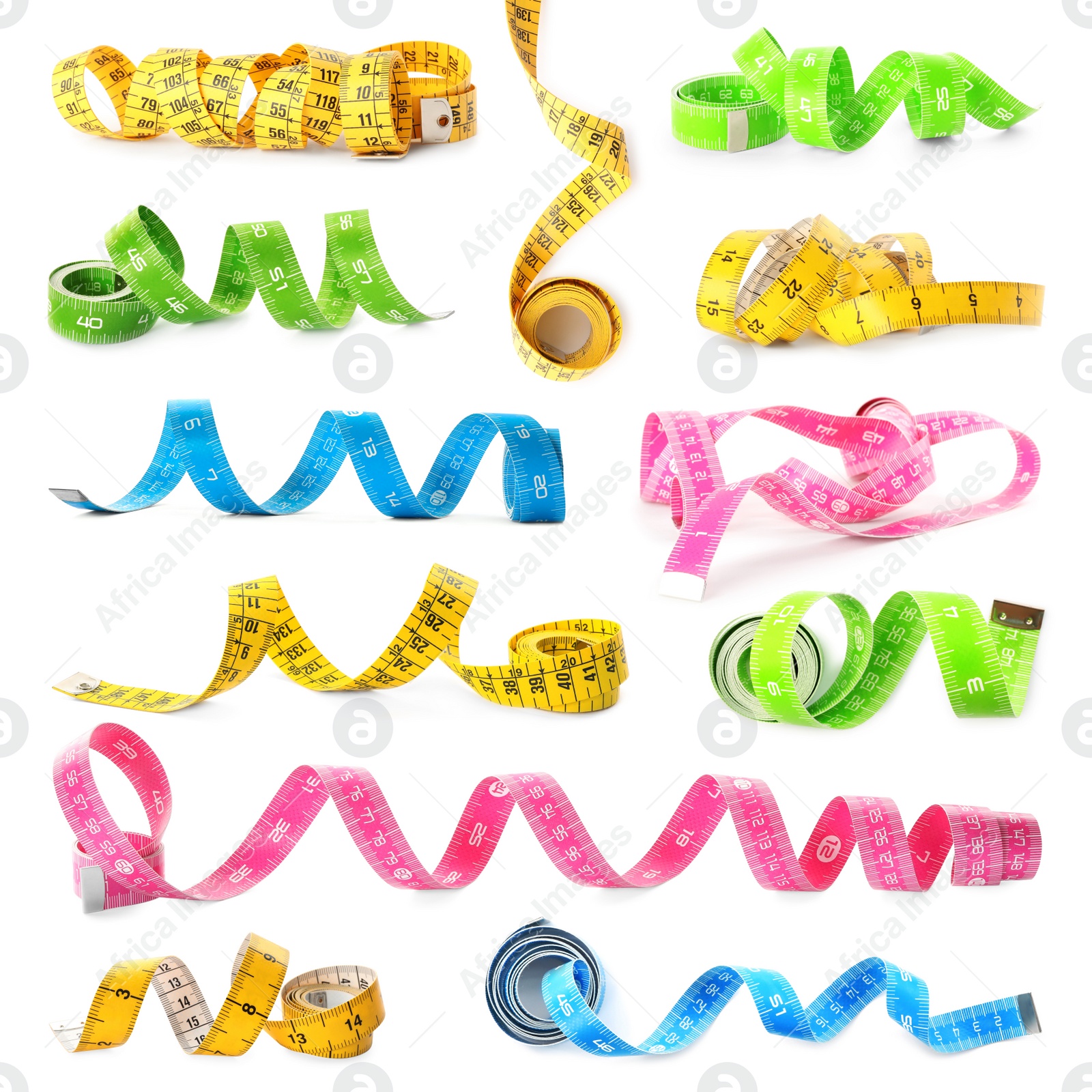 Image of Set with different measuring tapes on white background