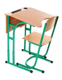 Photo of Empty school wooden desk for classroom on white background