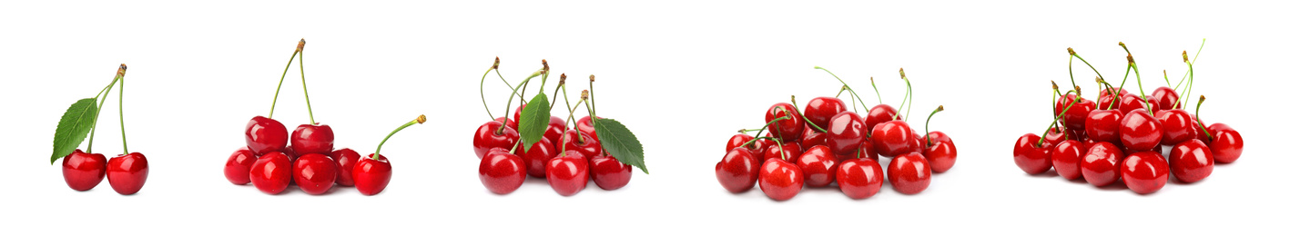 Image of Set of ripe cherries on white background. Banner design