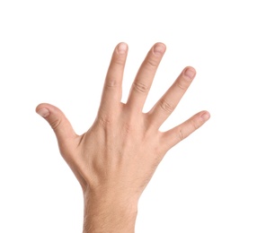 Man showing hand on white background, closeup