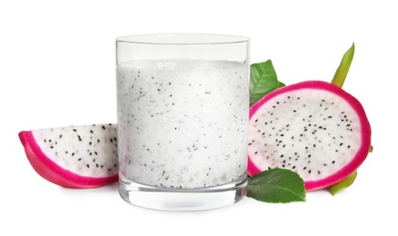 Photo of Glass of tasty pitahaya smoothie and fresh dragon fruits on white background