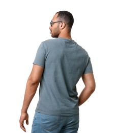 Photo of Man wearing t-shirt on white background, back view