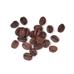 Photo of Roasted coffee beans on white background, top view