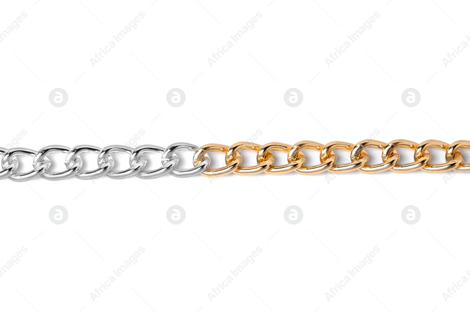 Photo of One metal chain isolated on white, top view. Luxury jewelry