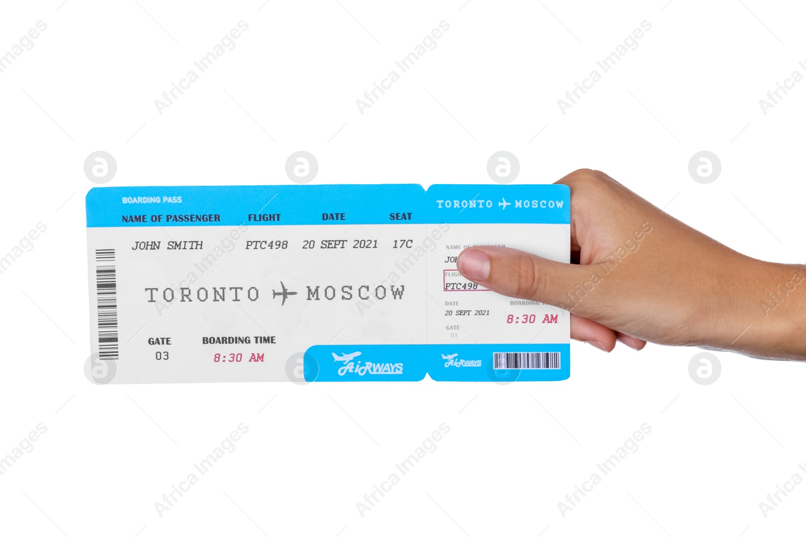 Photo of Woman holding ticket on white background, closeup. Travel agency concept