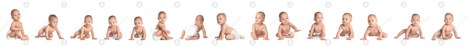 Image of Collage of cute little baby on white background. Banner design