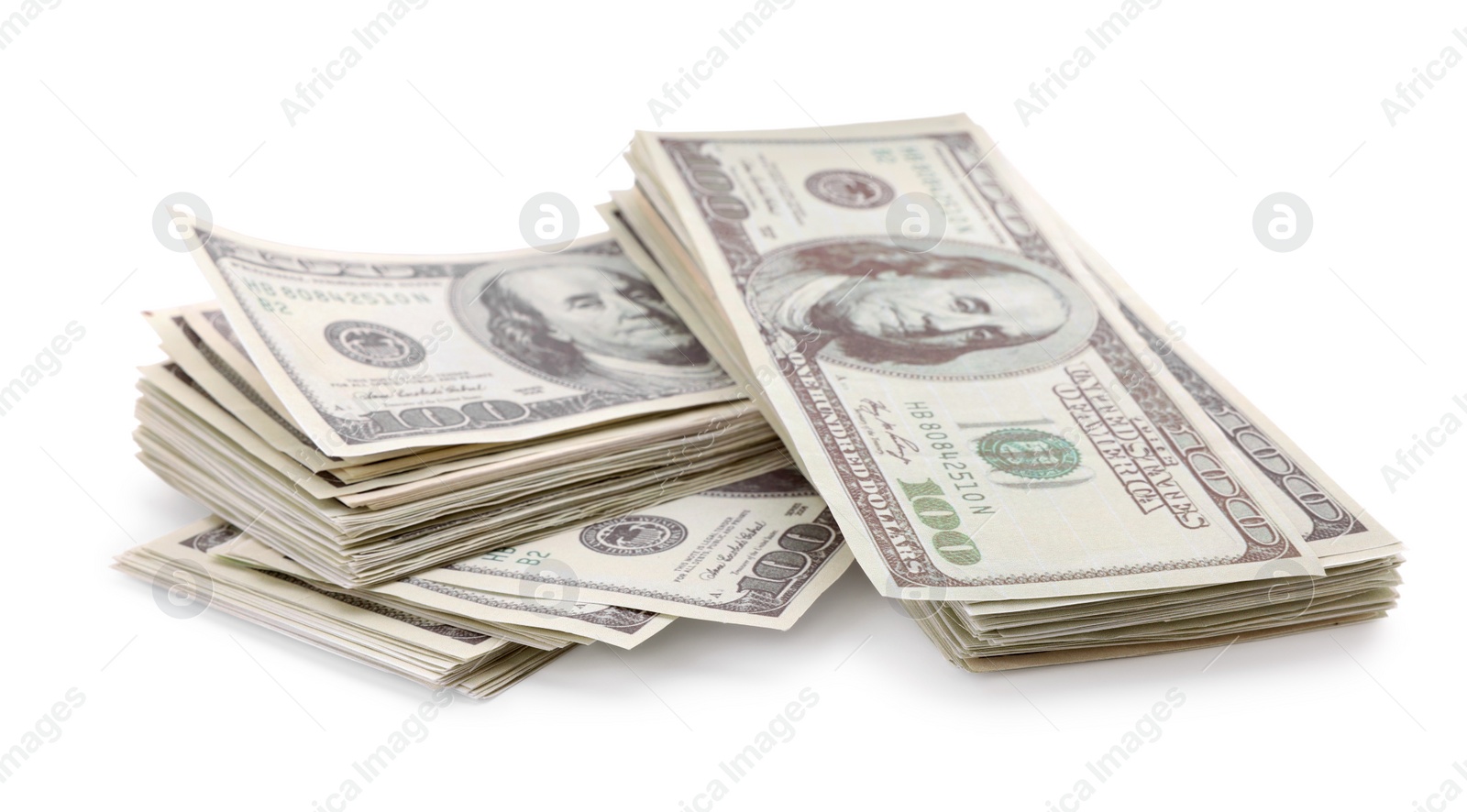 Photo of Many dollar banknotes on white background. American national currency